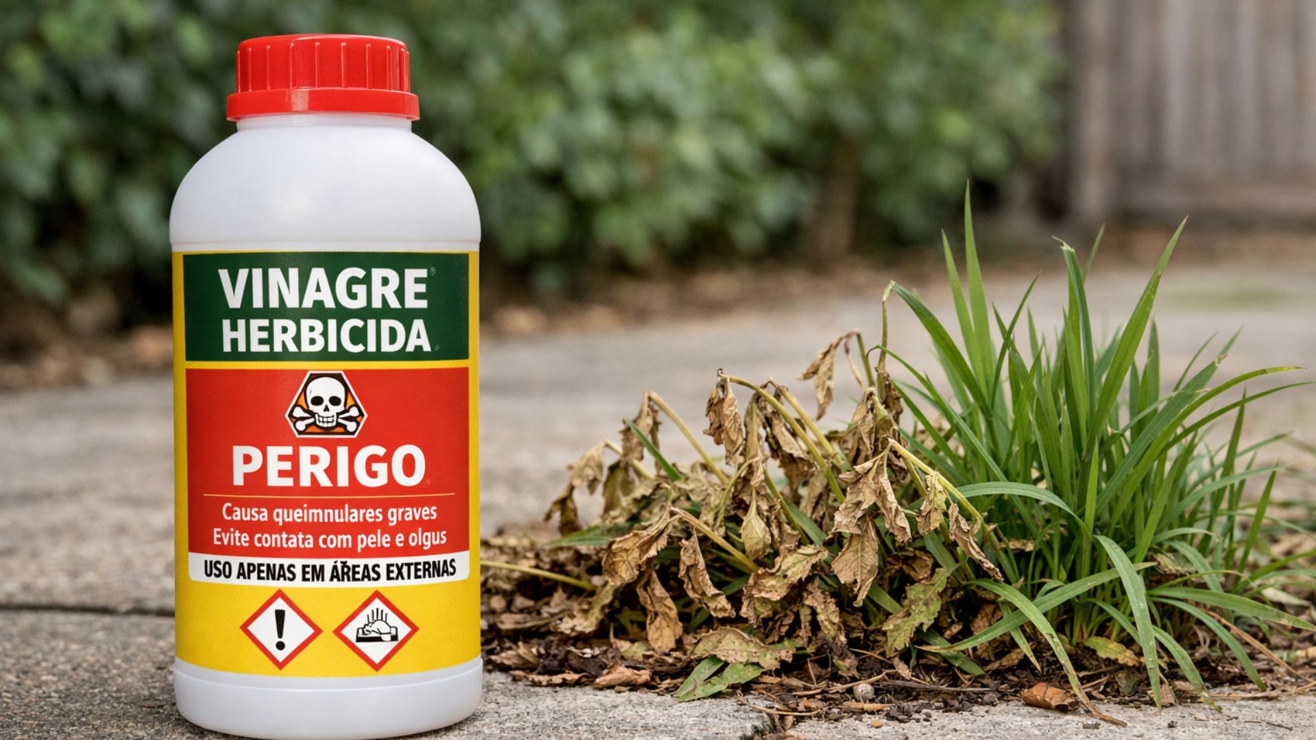 Produto vendido como vinagre herbicida promete efeito rápido, mas traz riscos de queimadura e falha contra capins já enraizados, segundo rótulos.