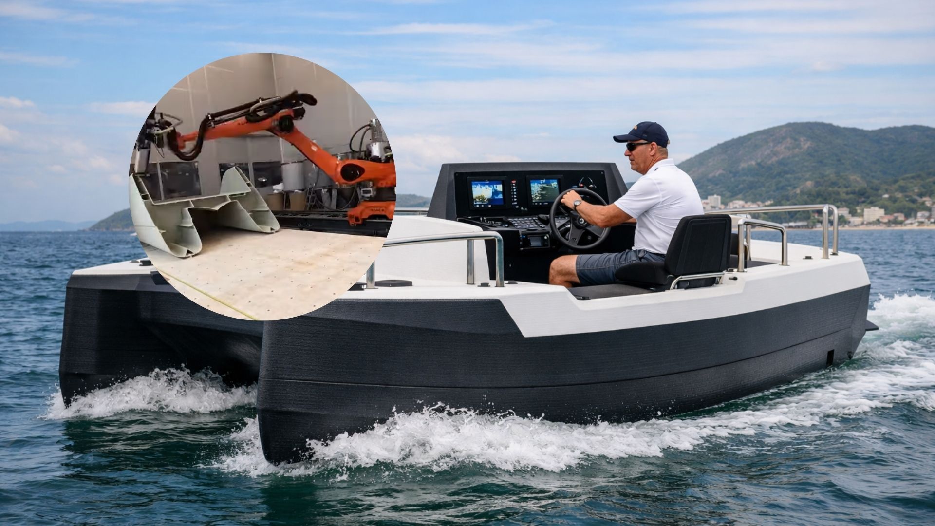 Catamarã de 6 metros é fabricado por impressão 3D em 160 horas, sem emendas, com plástico reciclado e fibra de vidro, e foi projetado para operar em mar aberto.