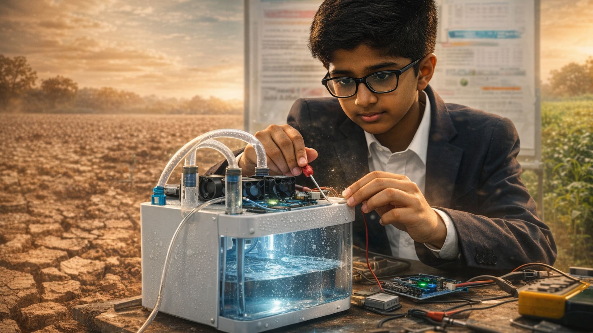 Estudante de 13 anos cria sistema de baixo custo que captura umidade do ar seco para irrigação e vira finalista do 3M Young Scientist Challenge.