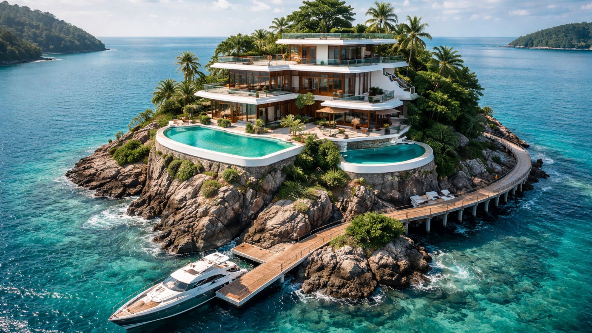 Vídeo mostra bilionário que teria comprado ilha na Tailândia e construído mansão com quatro níveis, piscinas e cais privativo.