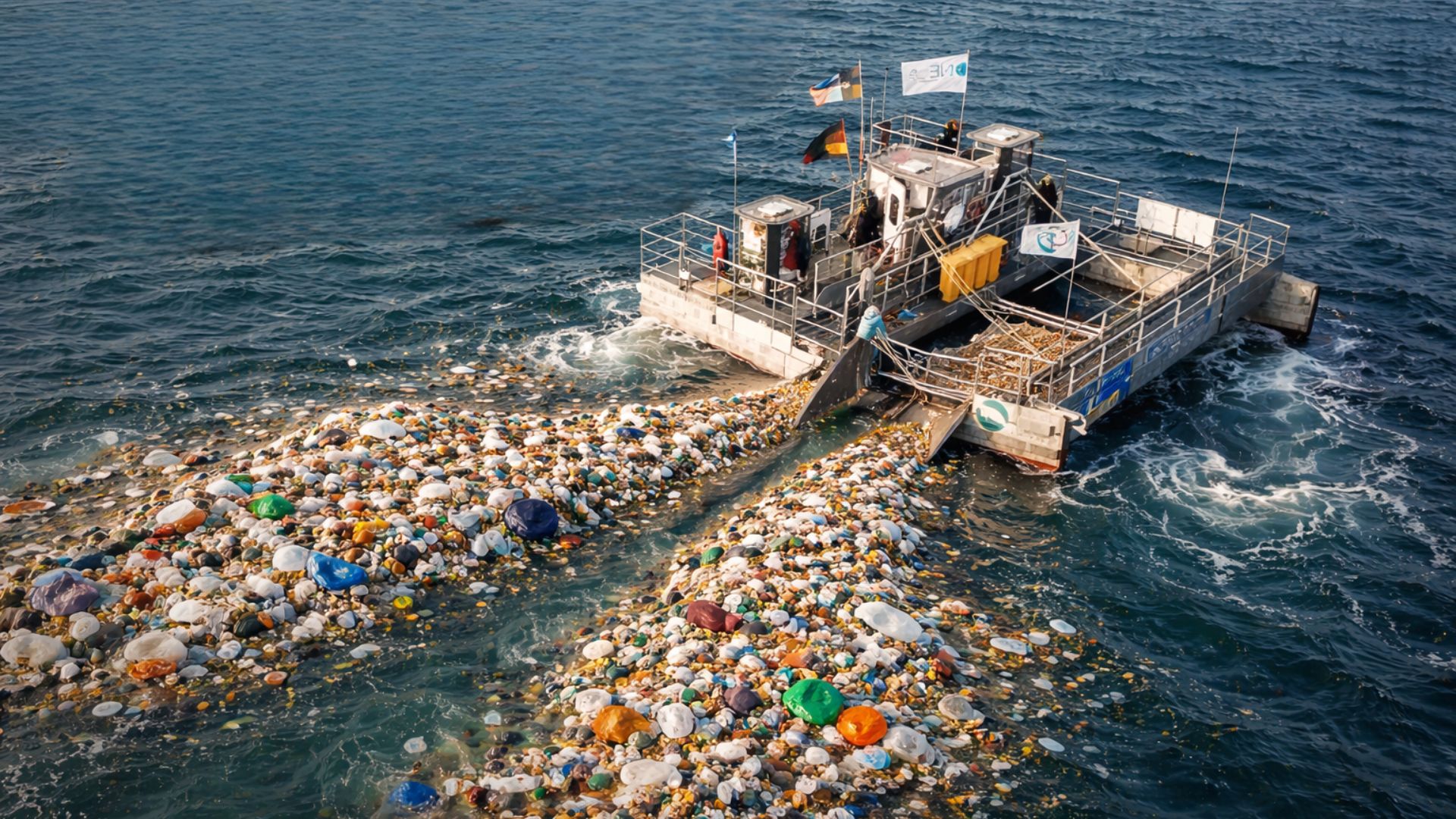 Navio-vaca-marinha alemão recolhe até 2 toneladas de plástico por viagem e propõe serviço contínuo de limpeza de rios e mares.