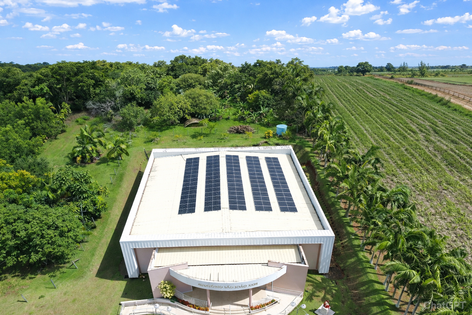 Vista aérea de um auditório cercado por áreas verdes, com painéis solares instalados no telhado e um trecho do céu visível ao fundo.
