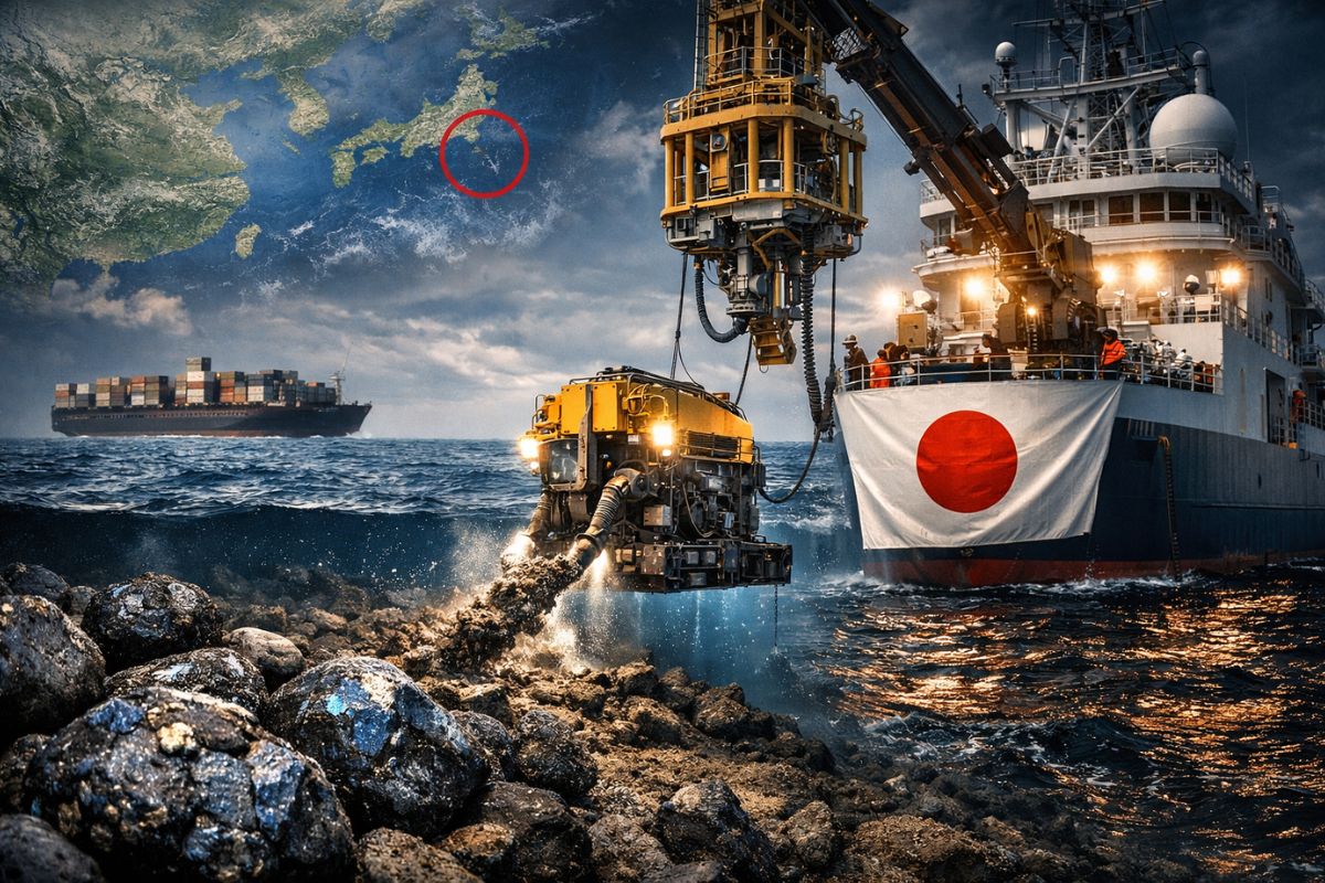 terras raras: Japão testa extração perto de Minami Torishima com o navio Chikyu e mira reduzir dependência da China.