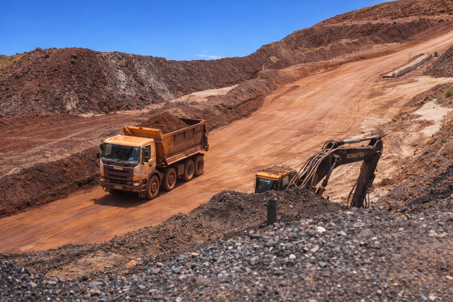 Caminhão basculante e escavadeira em área de mineração sob luz intensa do meio-dia, com céu azul sem nuvens ao fundo.