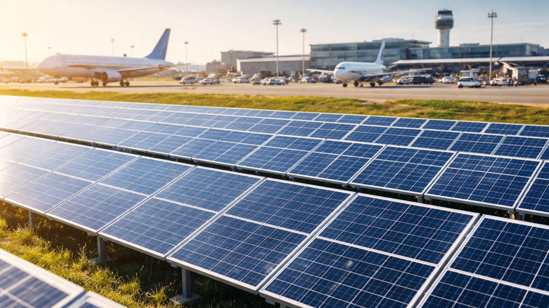 Painéis solares instalados próximos a um aeroporto com aviões ao fundo levemente desfocados, representando geração de energia limpa na aviação.