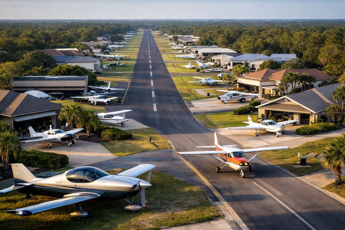 aviões em Spruce Creek: aeroporto residencial com pista de pouso e casa com hangar explica regras, segurança e rotina onde o carro para.