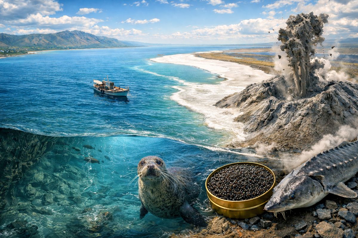 Mar Cáspio vira enigma máximo do planeta híbrido entre mar e lago, com fundo estranho, água roubada por lagoa salina, cidades submersas, caviar, focas e vulcões (1)