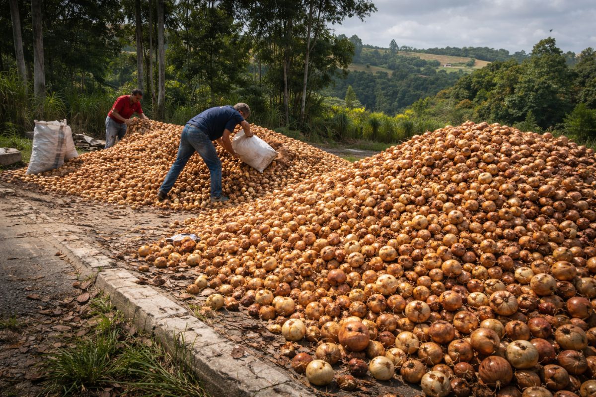 cebola em crise: preço da cebola cai, descarte de cebola cresce em Ituporanga e no Alto Vale do Itajaí, com prejuízo e emergência no campo.