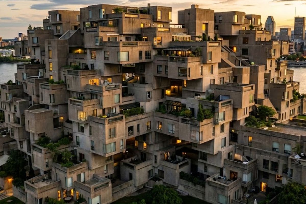 Cubos de concreto, Habitat 67, moradia comunitária de luxo, jardins suspensos e estrutura com aço de alta resistência redefinem a arquitetura em Montreal.