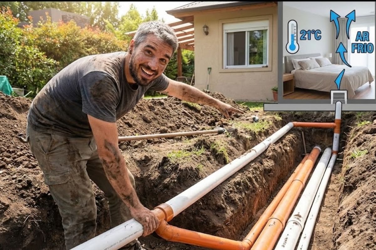 climatização com poço canadense usa tubos enterrados e duto de PVC para reduzir ar-condicionado e refrescar quartos com drenagem e convecção.