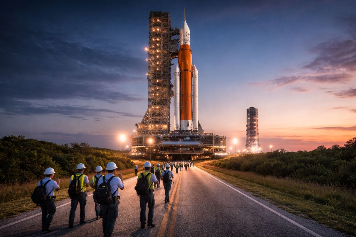 A NASA move o foguete gigante rumo à Lua: são 6,4 km até a plataforma 39B, em operação lenta que marca a virada para a campanha de lançamento.