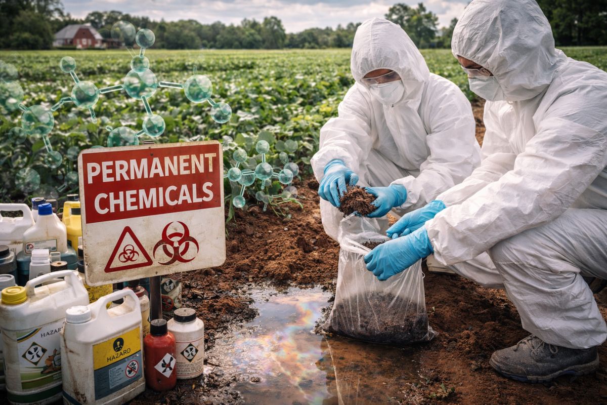 Yale detecta PFAS e PFOS após lodo industrial em terras agrícolas na Carolina do Sul; sete áreas superam referência do Maine e reacendem o debate sobre poços, manejo rural e risco persistente.