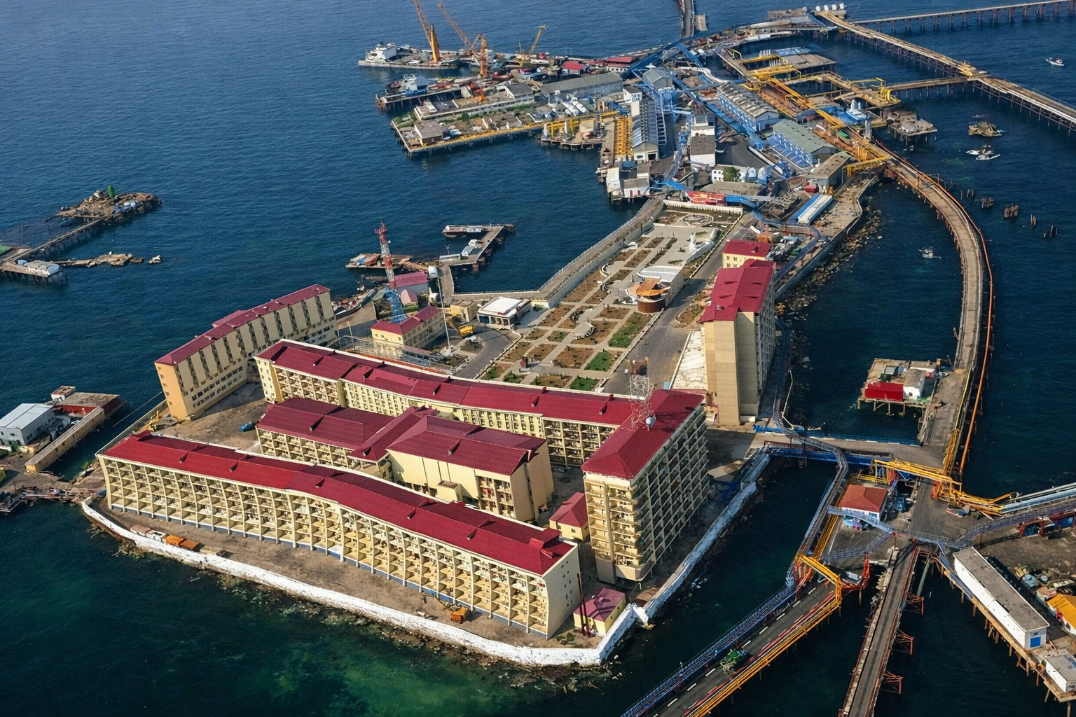 Construída sobre plataformas de petróleo, essa cidade no meio do mar tem prédios, hospital e ruas elevadas, abriga milhares de trabalhadores e já produziu milhões de toneladas de petróleo