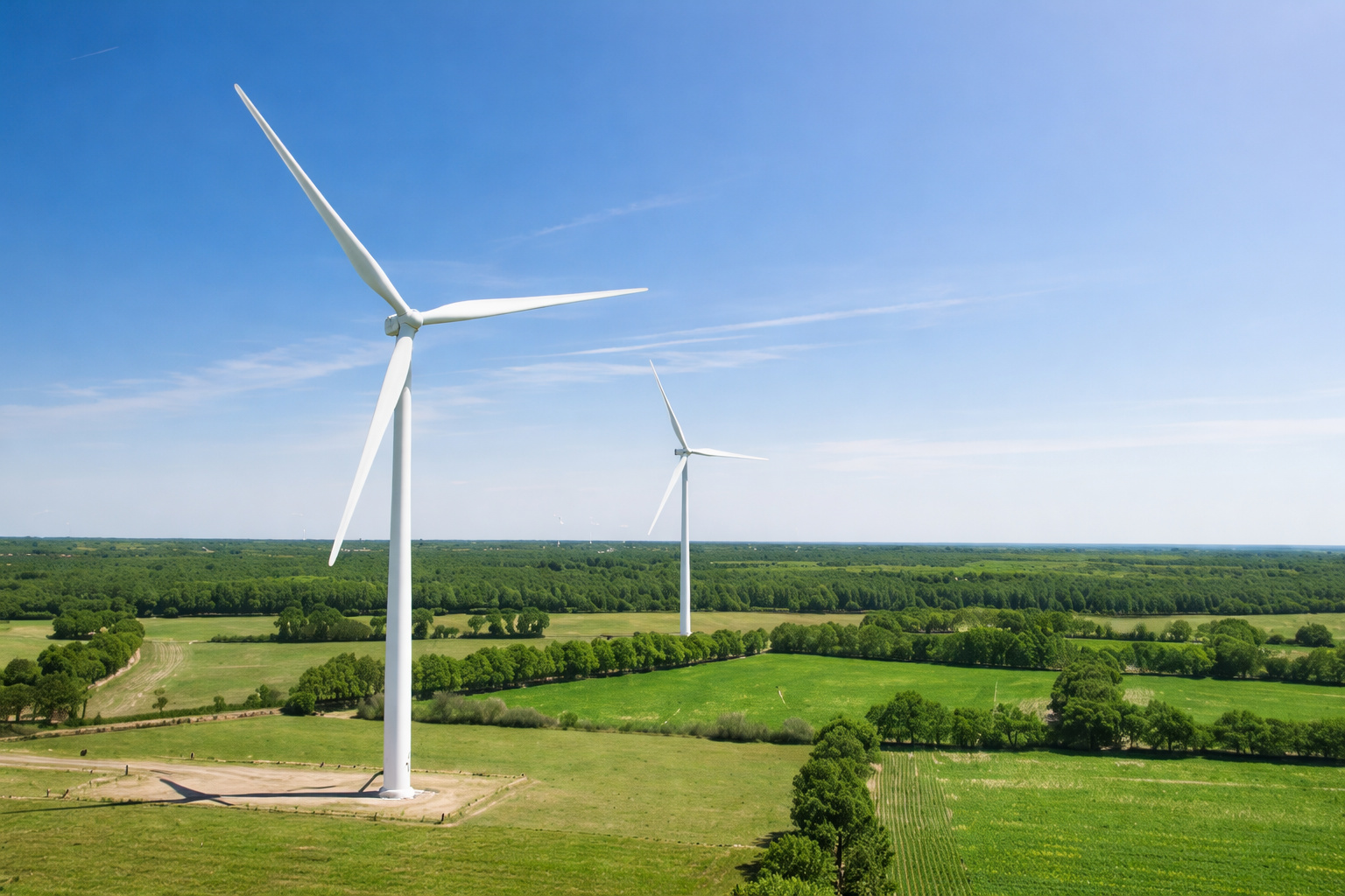 Turbinas eólicas em área rural com campos verdes e céu azul limpo, em imagem aérea realista.