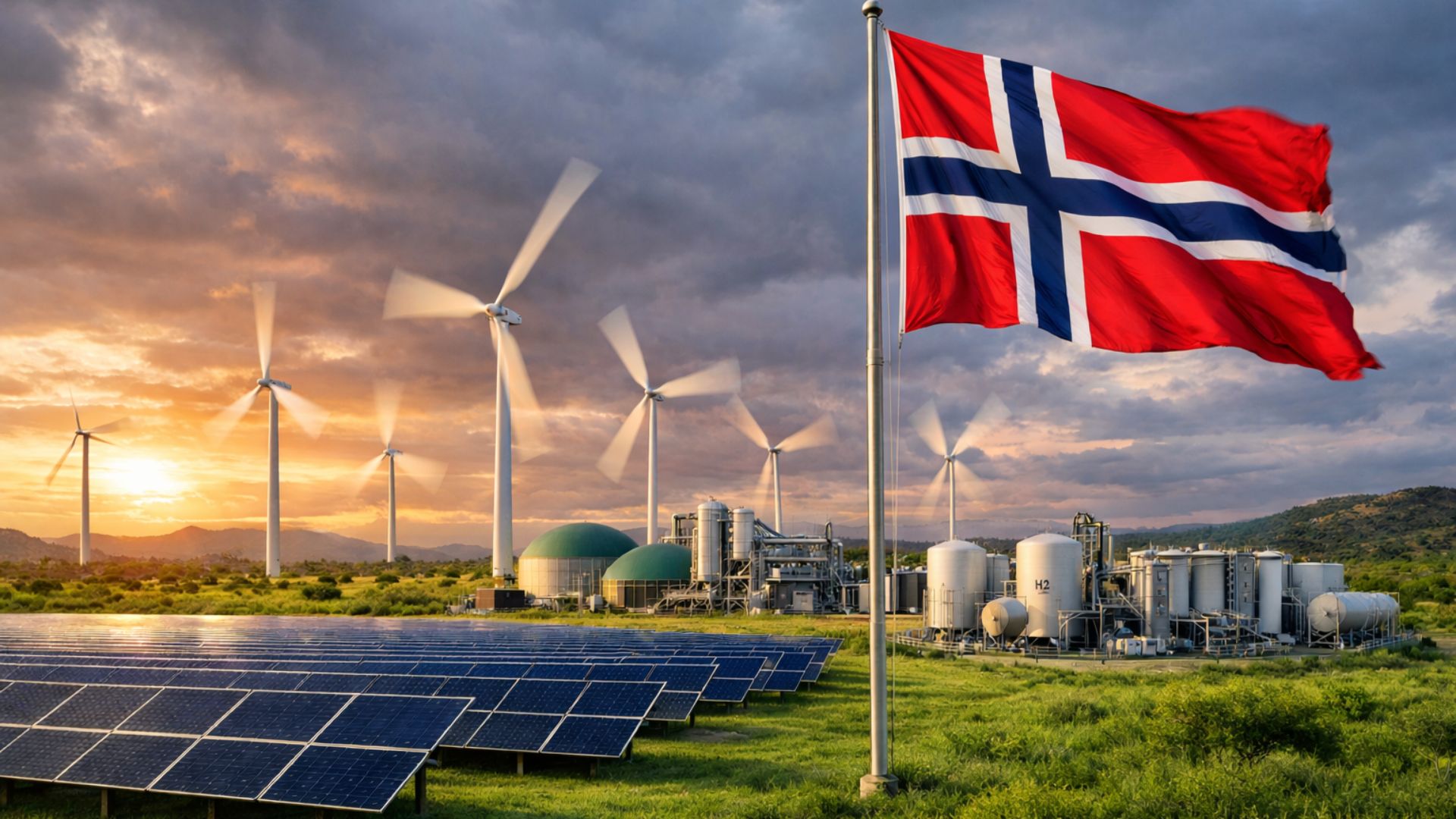 Complexo de energias renováveis no Brasil com painéis solares, turbinas eólicas em movimento, instalações de biometano e hidrogênio e bandeira da Noruega ao vento.