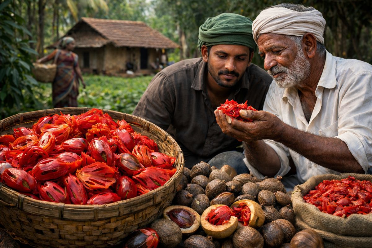 noz-moscada e macis de Pollachi: colheita precisa, qualidade padronizada e cooperativa forte explicam preços altos e venda direta global.