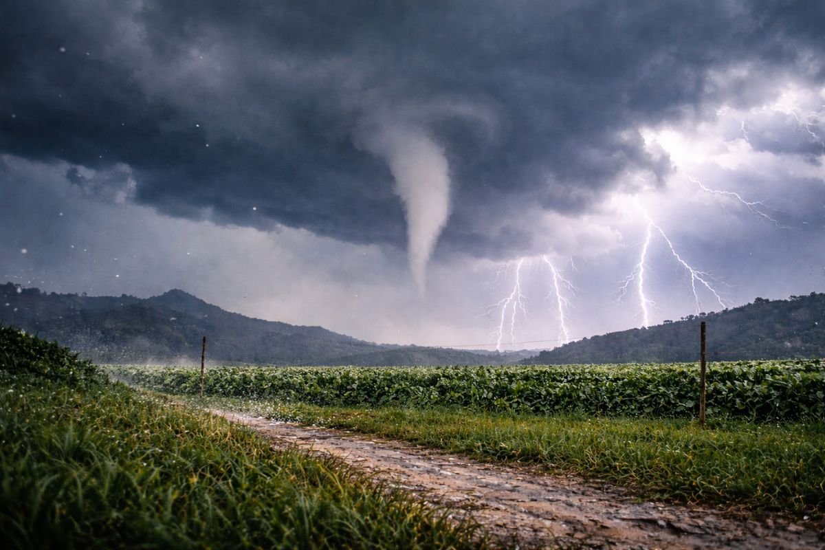 Temporais em Santa Catarina formam nuvem funil sobre Bom Retiro, com granizo e risco de tornado, enquanto tempestades severas avançam pelo estado.