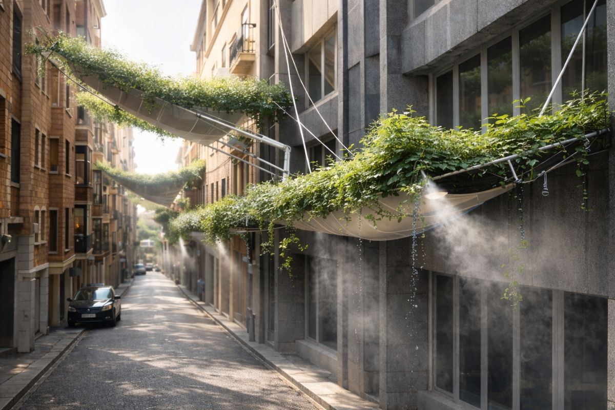 plantas em toldos criam sombra, melhoram o ar e combatem ilha de calor nas cidades