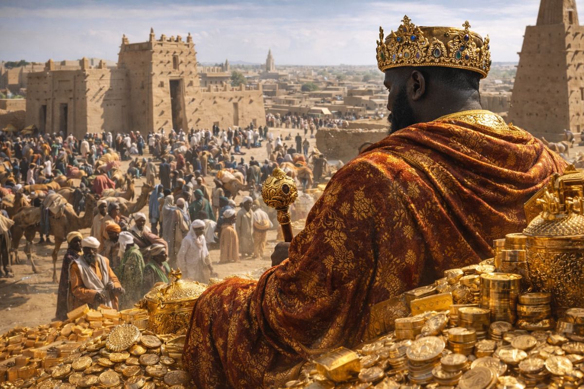 O homem mais rico do mundo, Mansa Musa, governou o Império do Mali no século XIV, controlou ouro e rotas do Sahel e transformou Timbuktu em um centro de saber