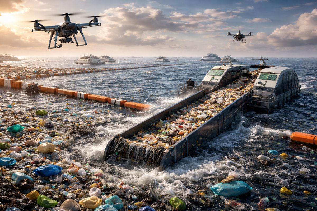 lixo do Pacífico: IA e drones, interceptores, reciclagem hidroquímica e microplásticos explicados com foco no que muda e no que falta.