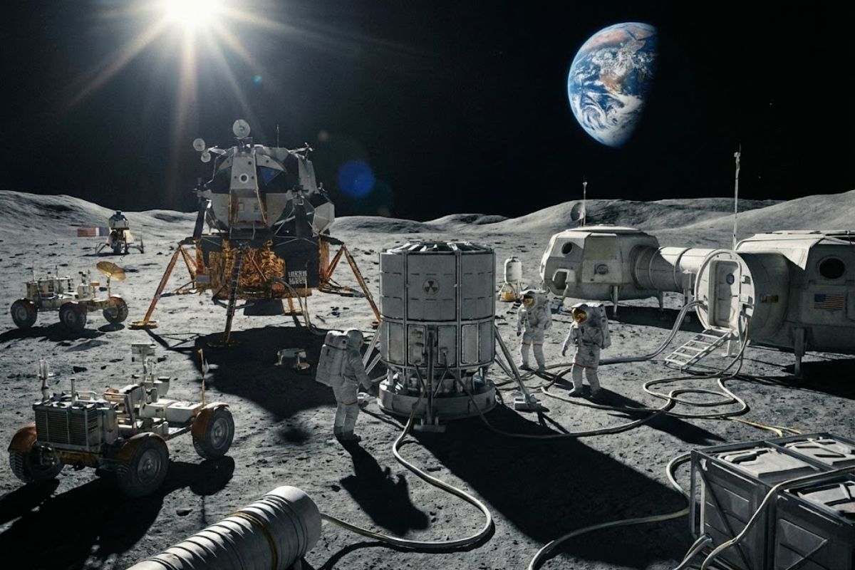 Lua na NASA: reator nuclear de fissão nuclear garante energia contínua na noite lunar e sustenta bases do Artemis.