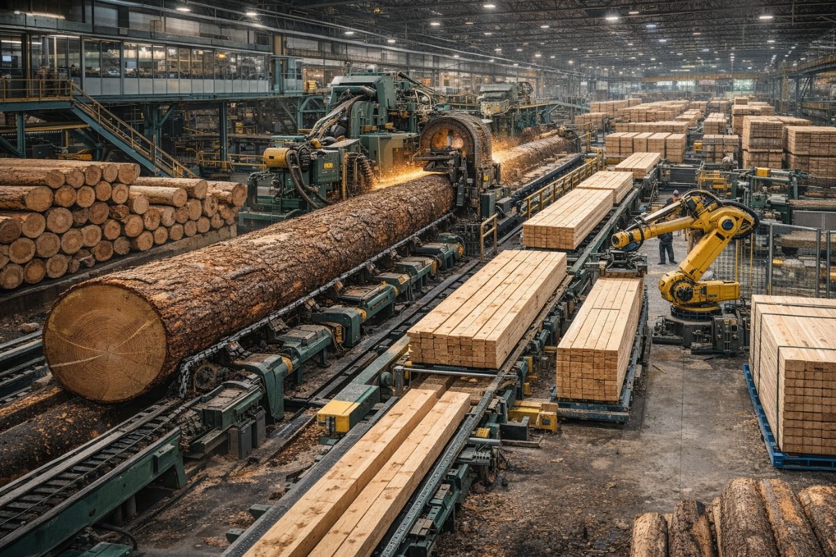 Serraria em escala industrial mostrando como toras viram madeira com apoio de IA, passando por scanners, fornos e classificação, enquanto painéis e outros derivados absorvem sobras e mantêm rastreabilidade do pátio até o envio final.