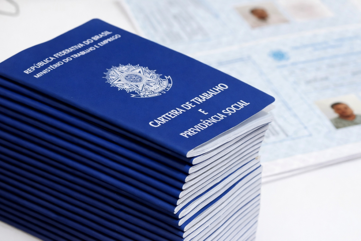 Pilha de carteiras de trabalho brasileiras sobre mesa branca, com documentos ao fundo desfocados.