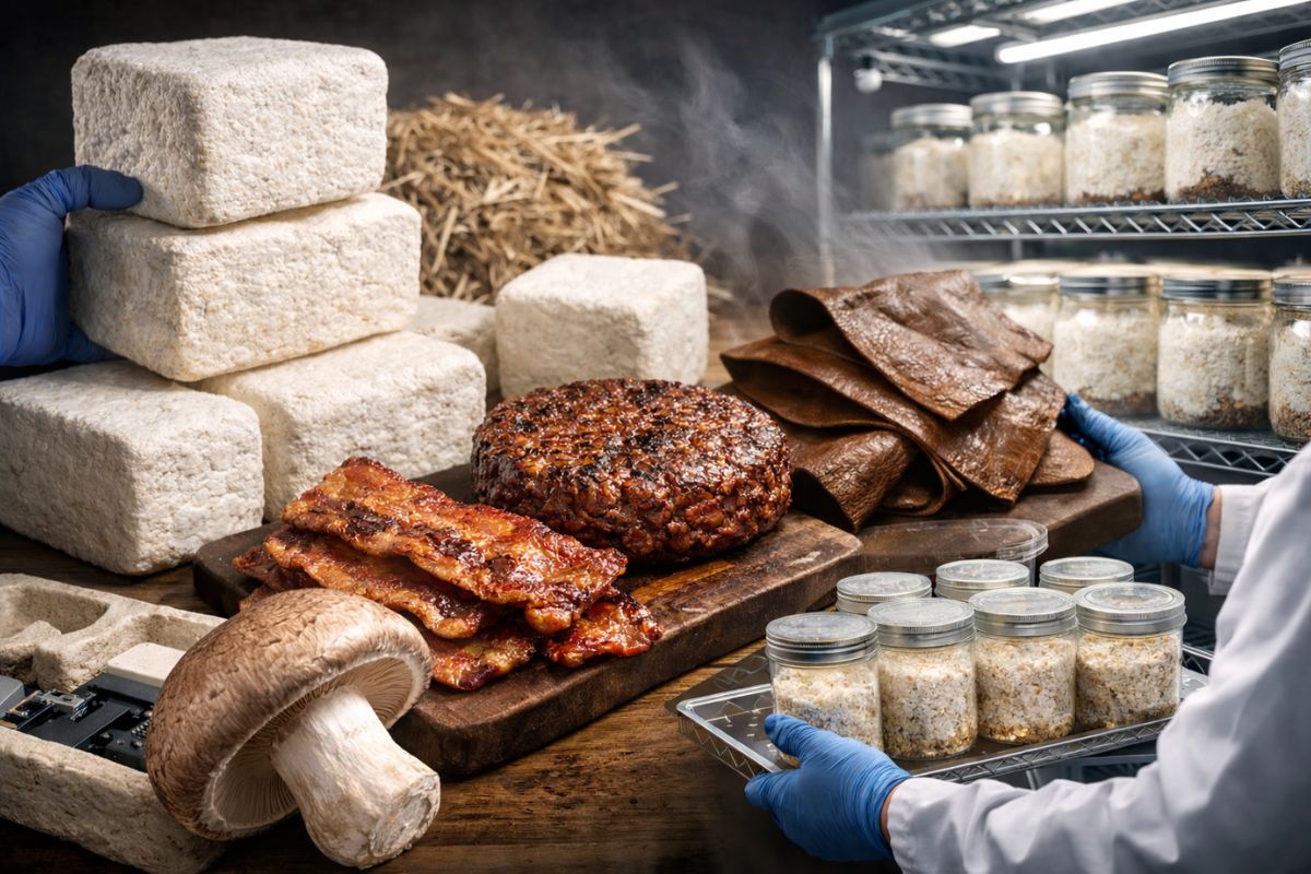 cogumelo e micélio substituem isopor, viram bacon vegano e geram embalagem biodegradável que se desfaz em 30 dias.