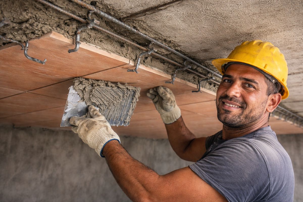 Cerâmica no teto ganha laje firme com argamassa, ancoragem e concreto bem aplicados para evitar mofo, fungos e desplacamento.