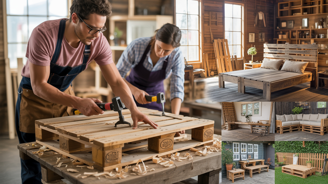 Pessoas reaproveitam paletes de madeira abandonados, desmontam e transformam em camas, sofás, mesas e cercas robustas, mostrando como logística descartada pode virar estrutura doméstica sustentável