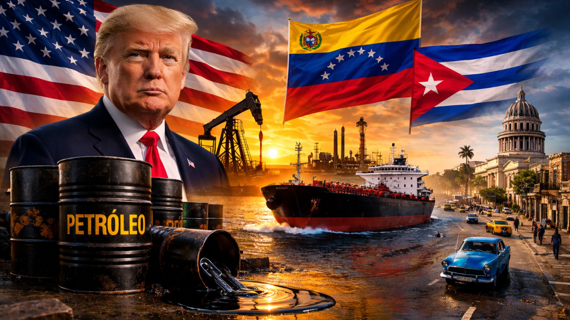 Ilustração mostra Donald Trump ao lado das bandeiras dos EUA, Venezuela e Cuba, com navio petroleiro e barris de petróleo simbolizando o comércio energético entre os países.