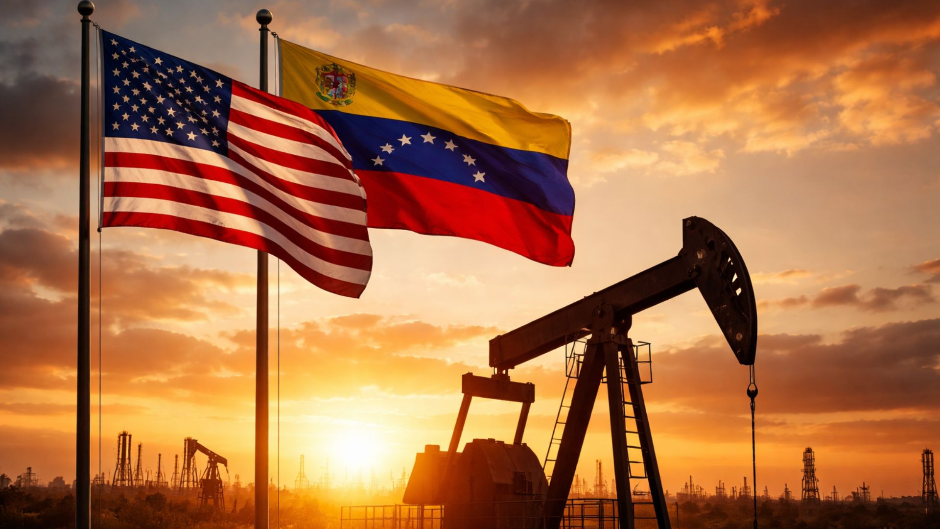 Bomba de petróleo em funcionamento ao pôr do sol com bandeiras dos Estados Unidos e da Venezuela balançando em mastros, cenário industrial ao fundo e céu alaranjado.