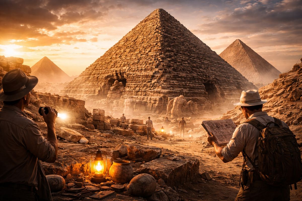 Pirâmide do Egito em debate: estudo usa erosão na Grande Pirâmide de Gizé, enquanto a arqueologia tradicional sustenta carbono-14, escavações e registros para defender a cronologia em torno de 2.600 a.C.