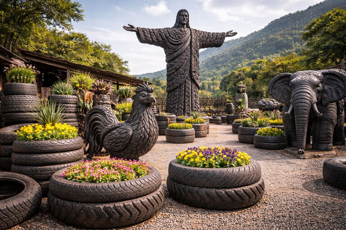Pneus velhos saem da beira da rodovia e viram negócio para vender artesão em SC cria linha de vasos e esculturas, incluindo Cristo de 4 metros com 130 pneus usados (1)