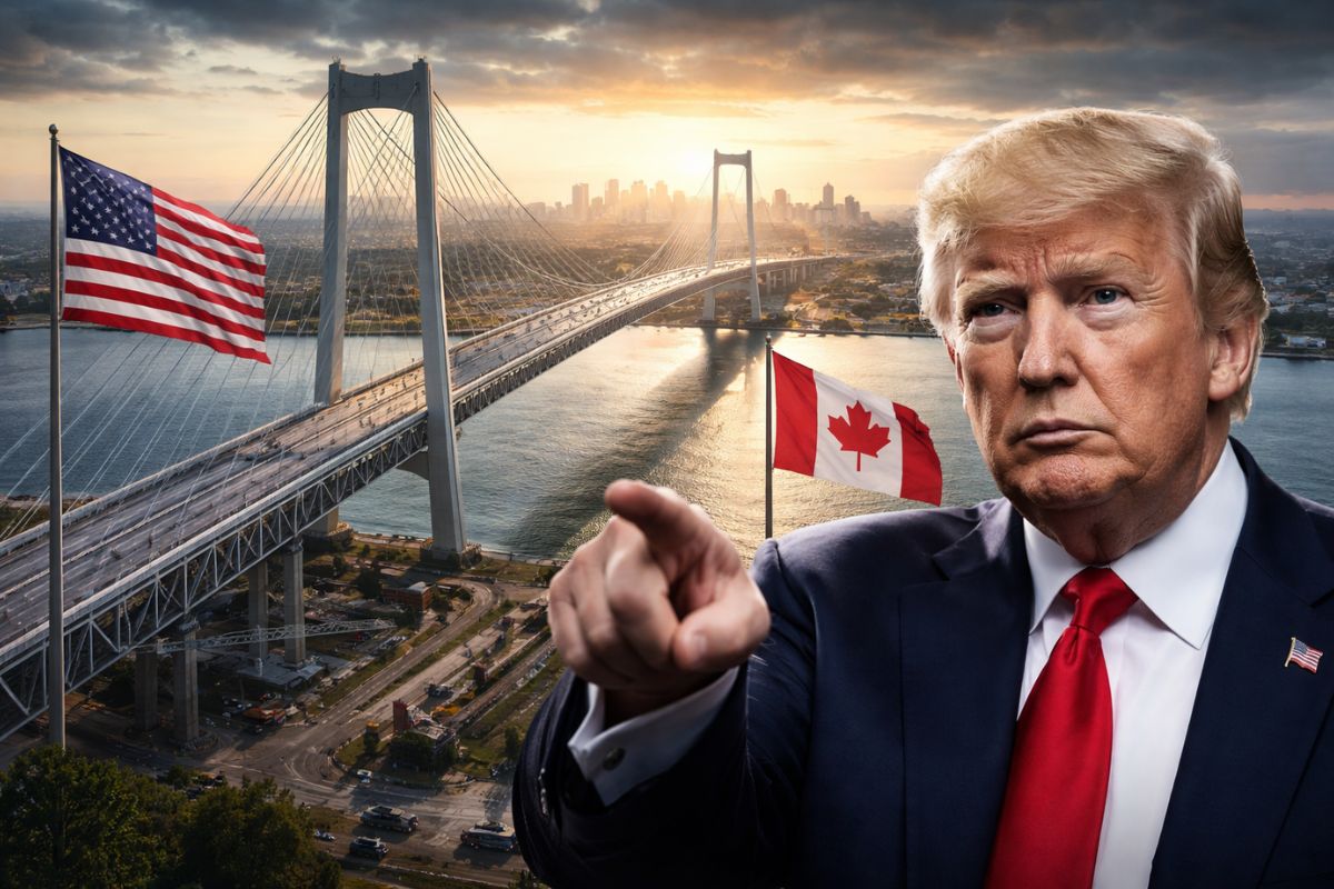 ponte entre Detroit e Windsor pode ter inauguração travada após Trump exigir metade da propriedade, mesmo com financiamento do Canadá, elevando tensão entre Estados Unidos e Ottawa e abrindo risco logístico, comercial e diplomático em 2026.