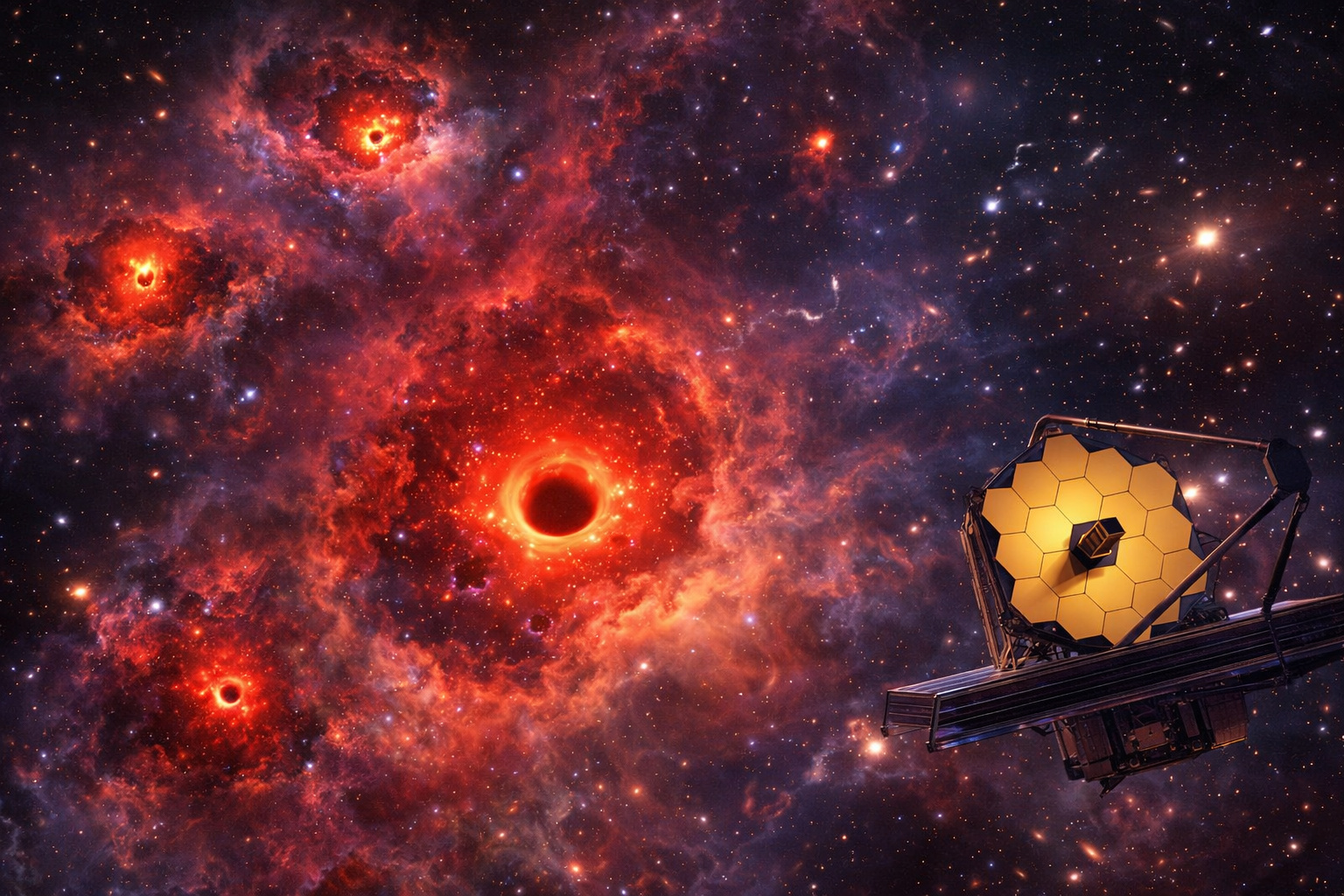 Pontos vermelhos do James Webb revelam buracos negros jovens no início do universo