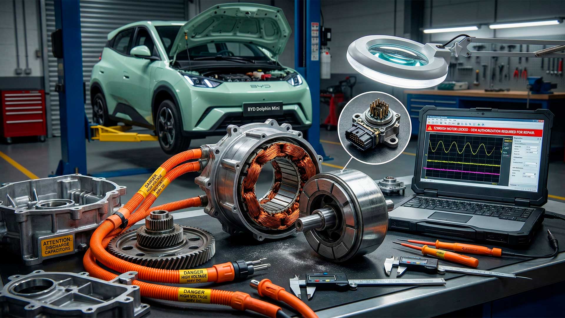 Por dentro do motor de um BYD Dolphin Mini, o diferencial aparece integrado, as engrenagens impressionam pela usinagem e o conjunto sugere durabilidade alta com óleo e vedação em dia