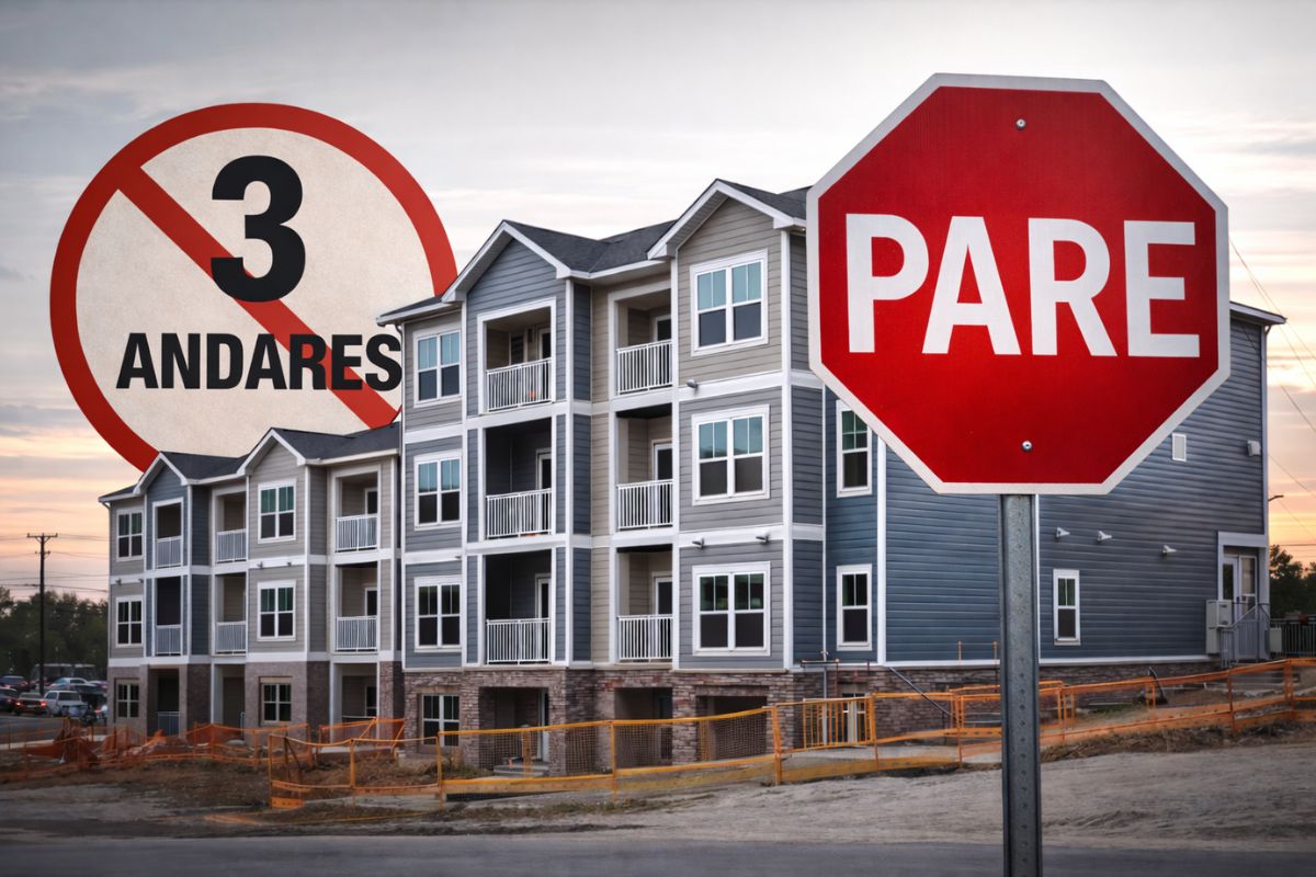 Prédio simples de 3 andares em foco: zoneamento e estacionamento elevam custos, mudam bairros e cidades e empurram a moradia de classe média para longe.