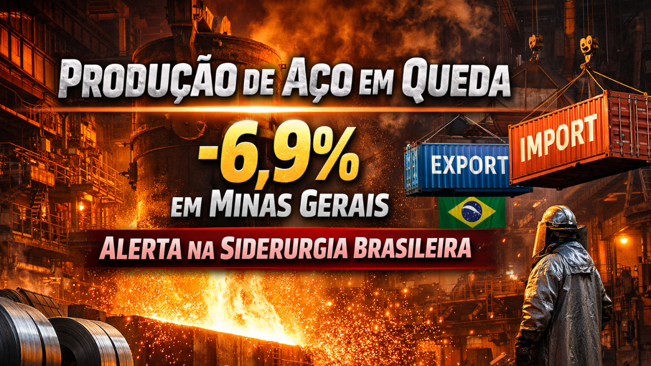 Produção de aço em Minas Gerais cai 6,9%, enquanto exportações de aço crescem mais de 30%. Importações de aço também recuam no Brasil.