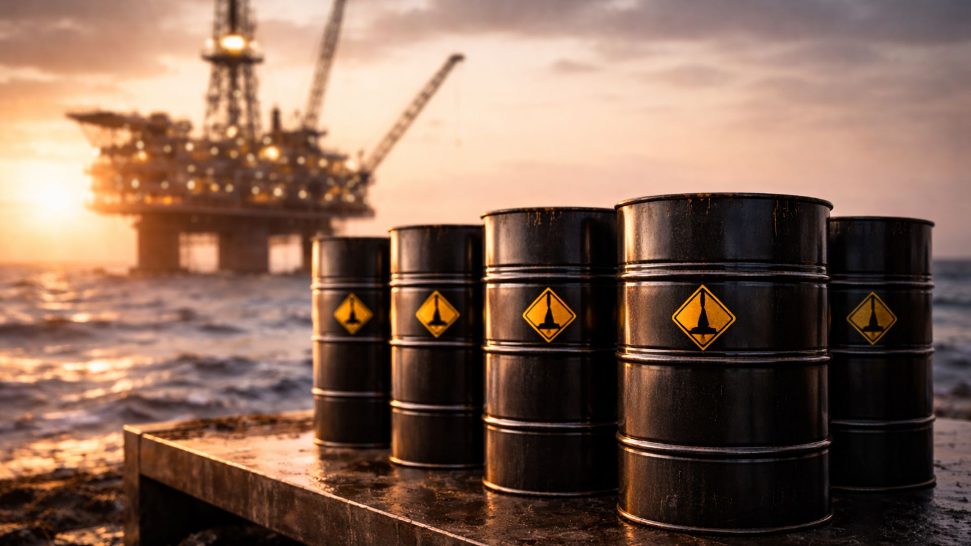 Barris de petróleo empilhados em primeiro plano com plataforma de extração desfocada ao fundo durante pôr do sol no mar.