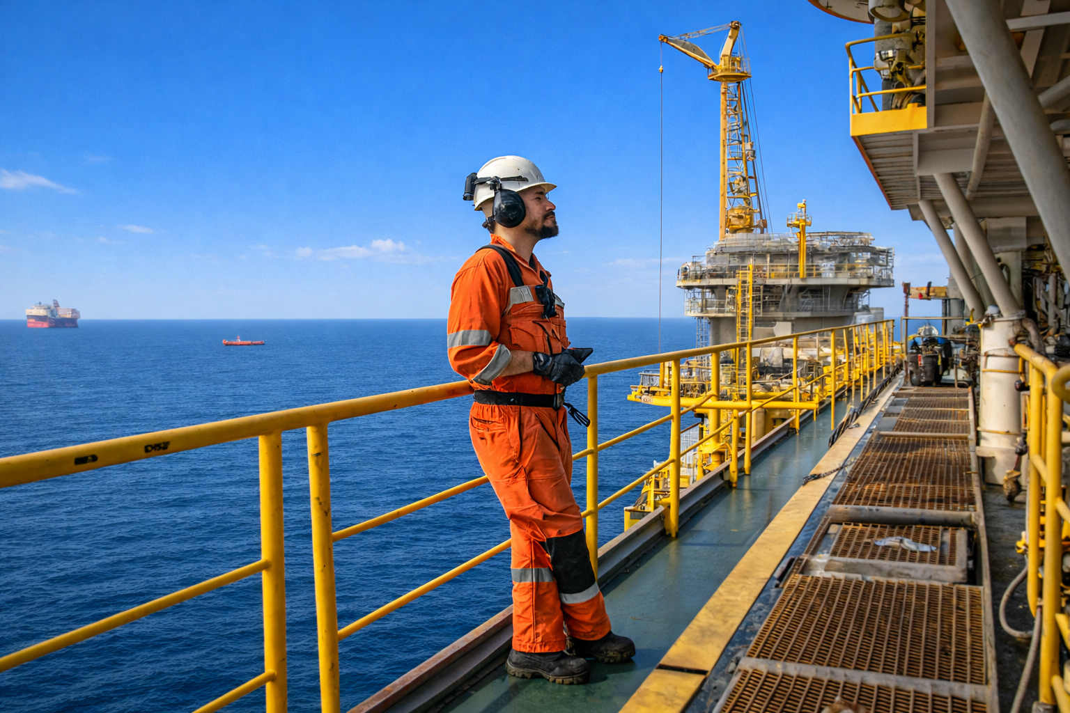 Trabalhador em plataforma de petróleo observando o oceano sob céu azul em dia ensolarado, com equipamentos industriais ao redor.