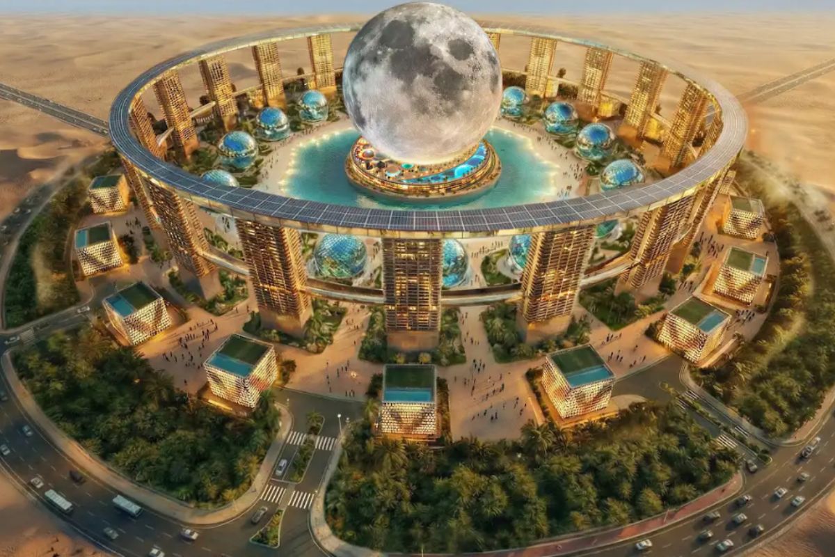Projeto “Moon” promete erguer o maior edifício esférico do mundo uma lua artificial de 312 metros com resort de 4.000 quartos, superfície lunar simulada e atrações futuristas