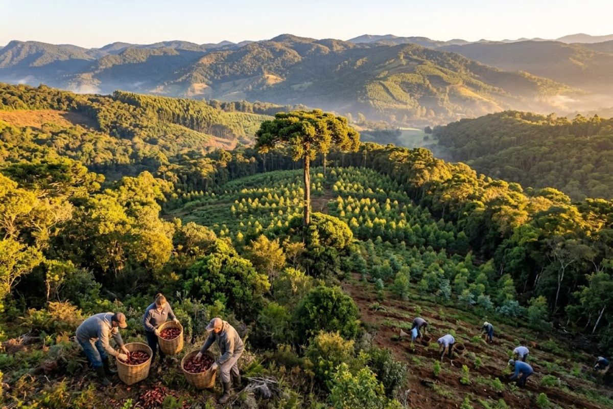 floresta recuperada na Mata Atlântica em SC com araucária e sistemas agroflorestais fortalece renda local e preserva diversidade genética.