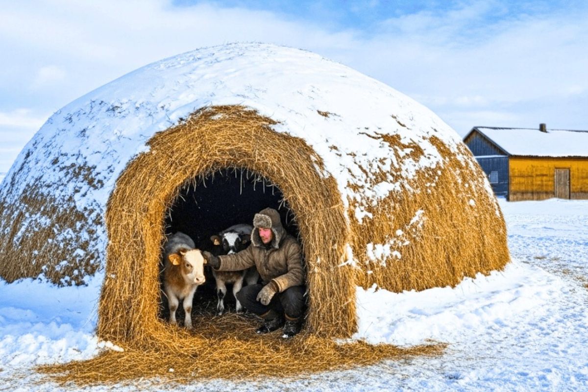 Iglu de feno no Dakota do Norte virou solução em tempestade de inverno: abrigo concentrou calor em frio extremo e levantou dúvidas sobre gestão de bezerros recém-nascidos e limites do método.