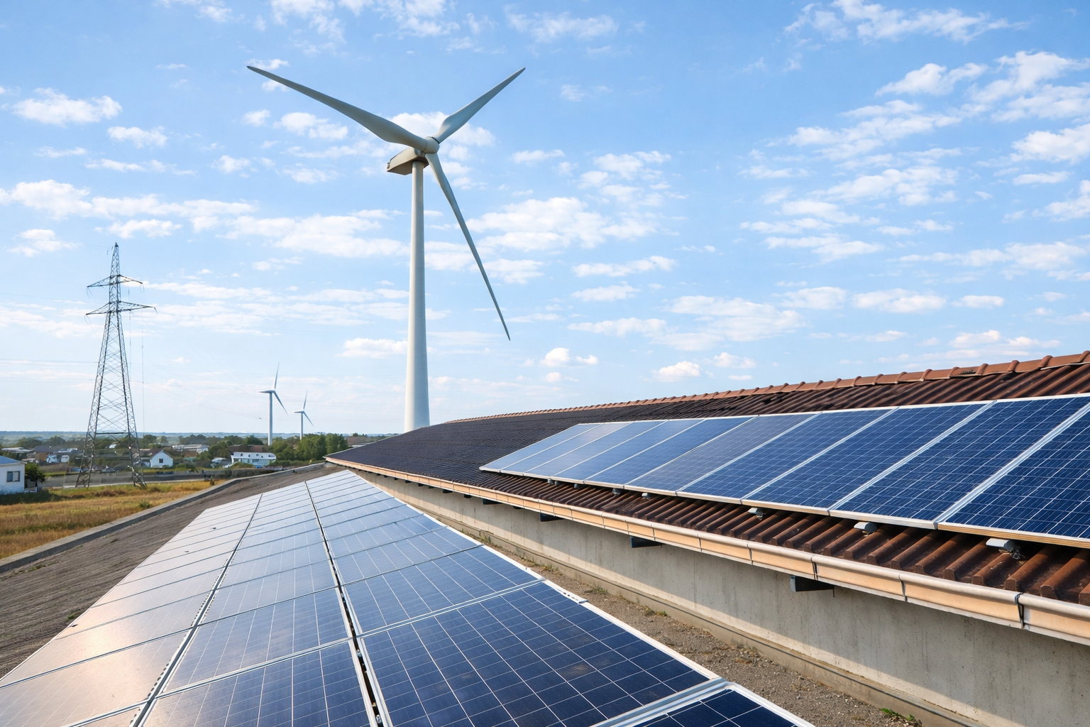 Painéis solares instalados em telhado com turbina eólica ao fundo sob céu azul e iluminação de tarde.