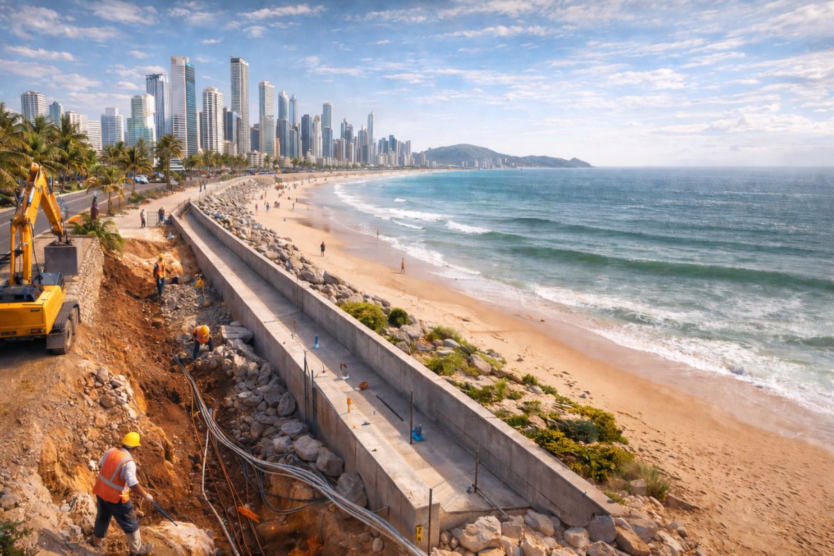 Revitalização da praia central de Balneário Camboriú avança com muros de contenção, restinga, cabeamento subterrâneo e cronograma em etapas até 2027, transformando a orla sul