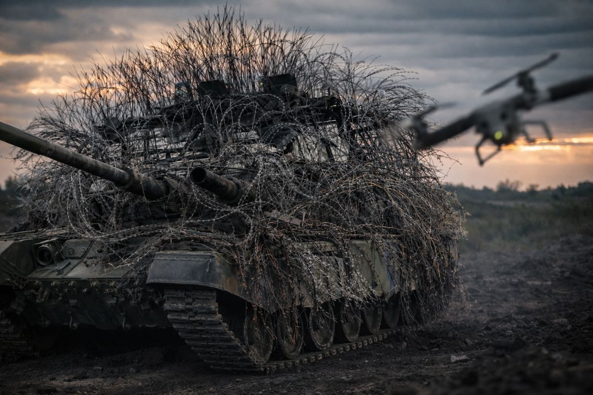 Rússia adapta tanques com cabos e gaiolas para conter drones FPV; a solução reduz danos e mostra como o improviso muda a guerra.