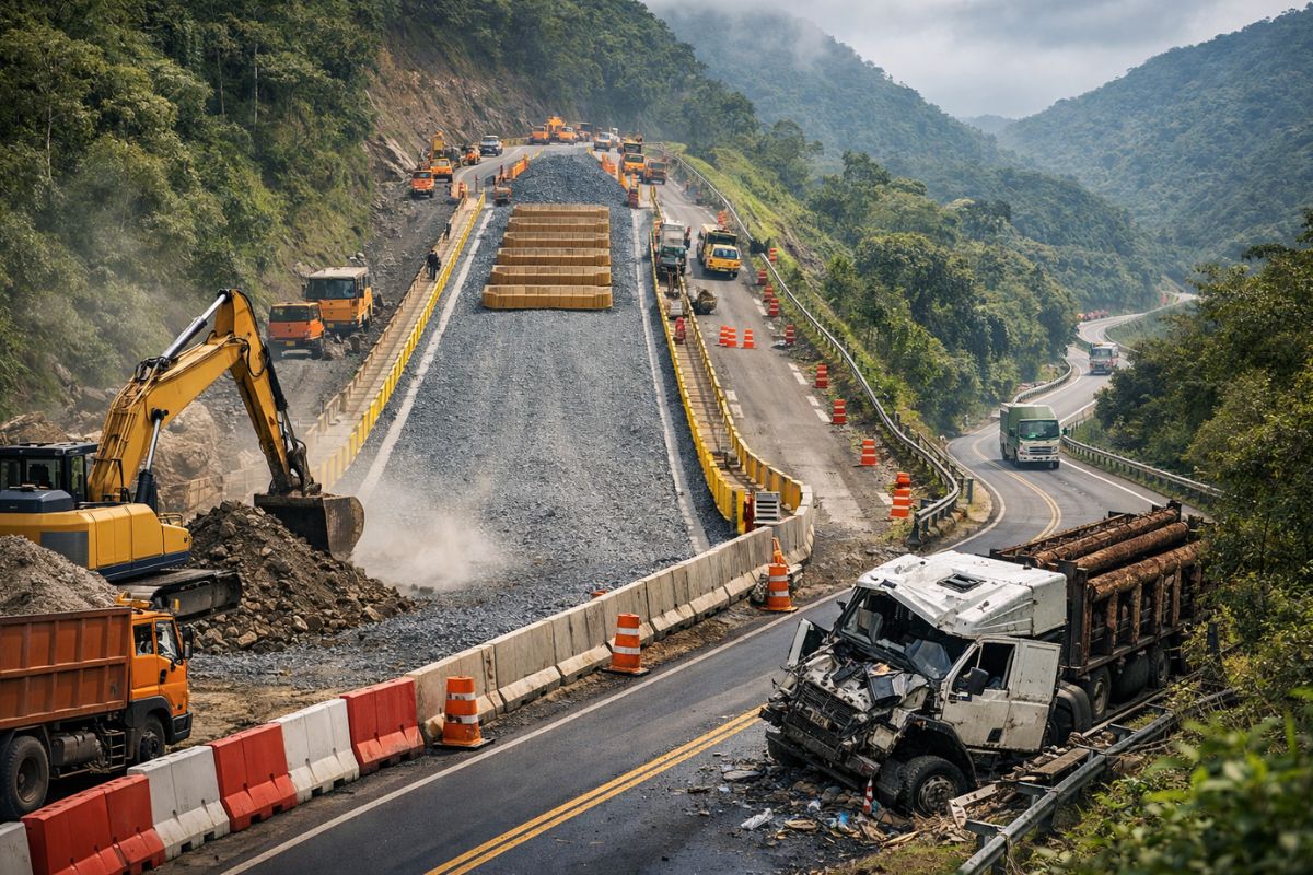 SC-418 na Serra Dona Francisca ganha áreas de escape; Programa Estrada Boa acelera obra após ácido sulfônico e mira junho de 2026.