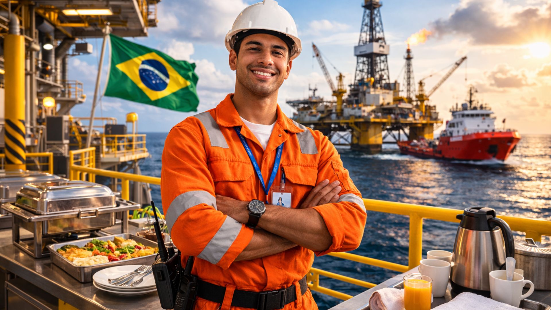Trabalhador sorrindo em plataforma offshore com uniforme laranja e capacete, representando curso gratuito de taifeiro offshore oferecido em São Gonçalo.