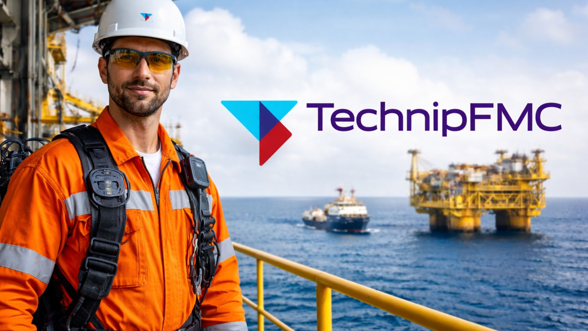 Técnico de Serviços Offshore embarcado em plataforma de petróleo no mar, usando EPI completo, com logotipo da TechnipFMC ao lado.